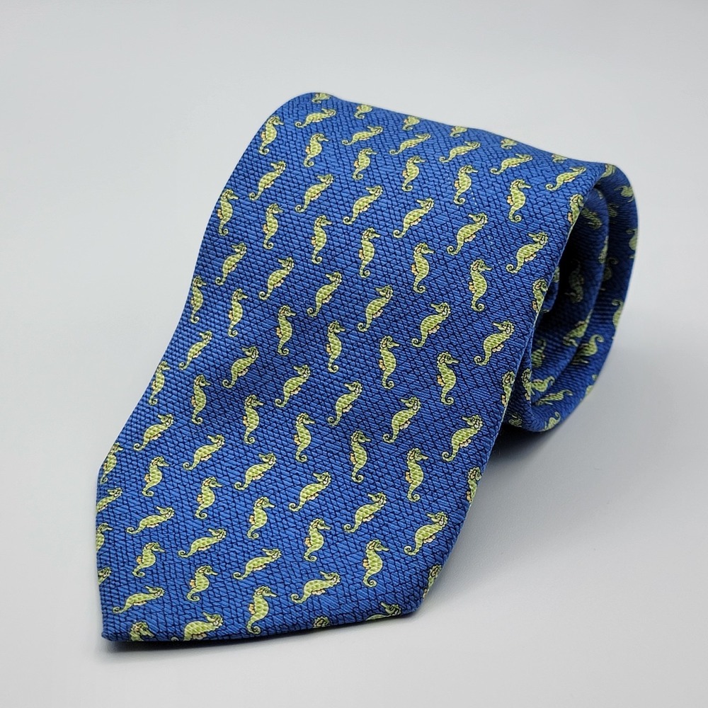 Talbots Mens Blue and Green‎ Seahorses Silk Necktie Tie